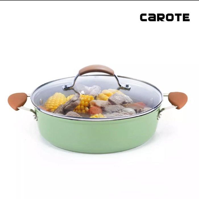 Panci Carote Bio Green Non Stick Low Casserole 28 With Lid PFOA Free - Panci Anti Lengket Tutup Kaca