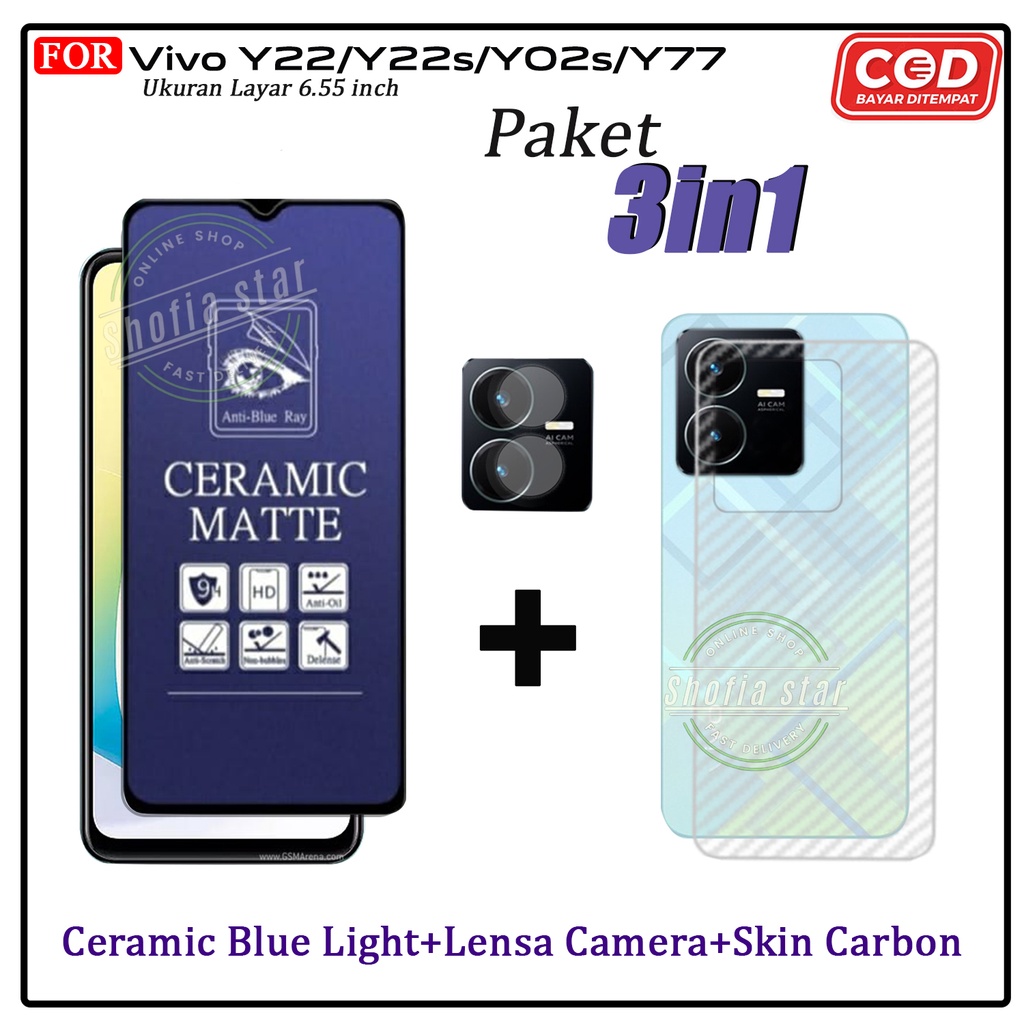 PAKET 3IN1 Tempered Glass Blue Light Vivo Y22 Anti Radiasi Full Cover