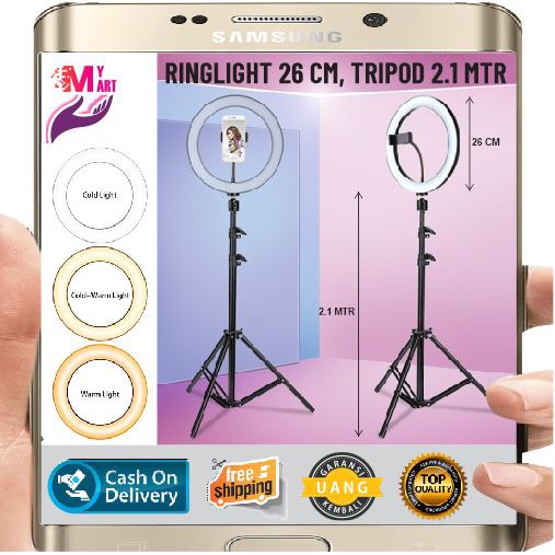 Paket Komplit Ringlight 26cm + Tripod 2,1 Meter Vlog Lampu Ringlight 3 Mode Cahaya 360 Derajat Ball Head