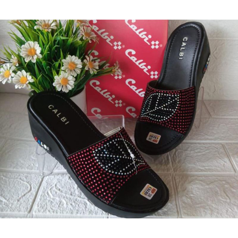Sandal wedghes calby murah-Slop daun hitam
