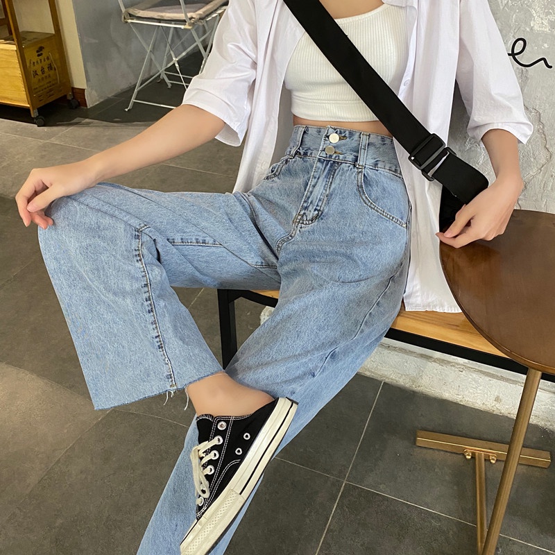 Celana Jeans Wanita High Waist Straight Pants Korean Style Celana Panjang