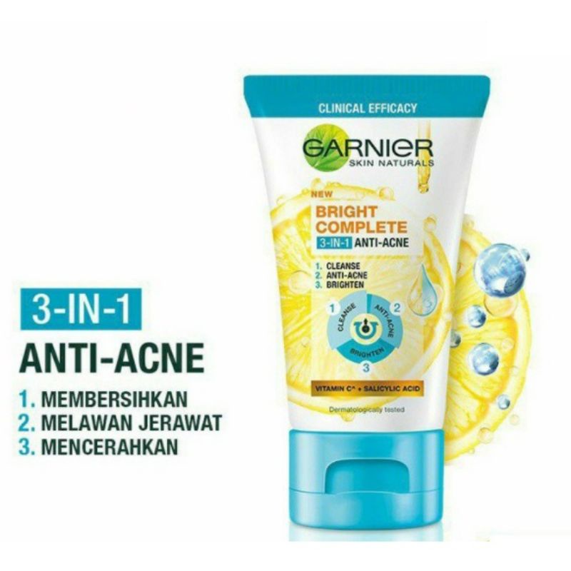 Garnier Bright Complete 3-in-1 Anti Acne Facial Wash Skin Care 90 ml | Wajah Cerah Bebas Jerawat