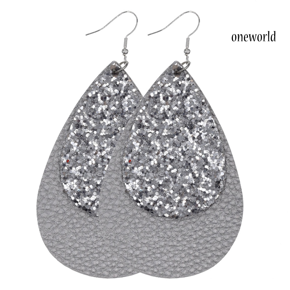 OW@ Glitter Sequins Teardrop Faux Leather Drop Dangle Statement Women Hook Earrings