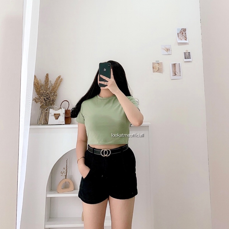 Lookatmeofficial • Atasan Basic Crop Top Polos Premium / Pamela T-Shirt / Crop Tee Wanita