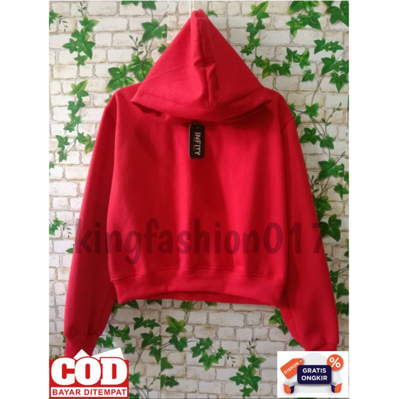 SWEATER HOODIE CROP MERAH POLOS(PREMIUM)