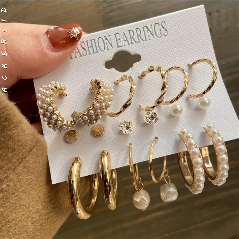 9 Pasang / Set Anting Hoop Bahan Logam Aksen Mutiara Zirkon Untuk Aksesoris Wanita