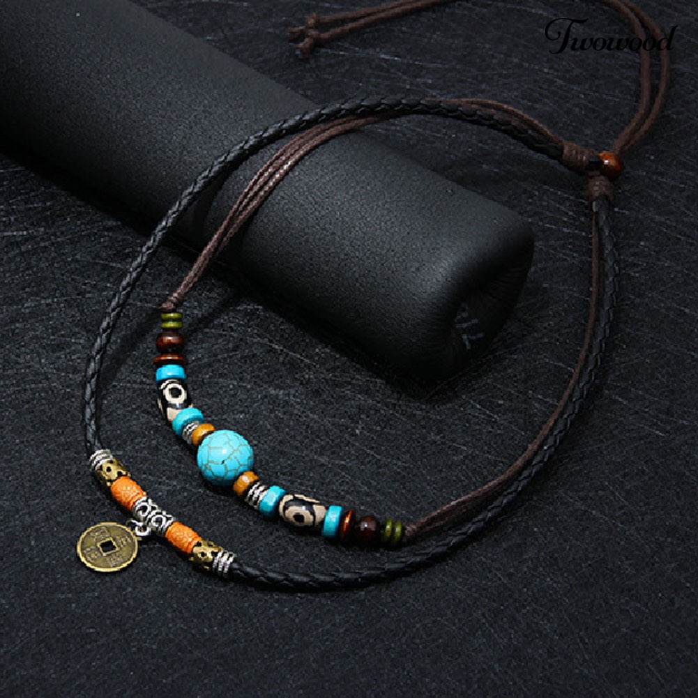 Kalung Choker Multilayer Dengan Liontin Manik-Manik Turquoise Imitasi Untuk Pria