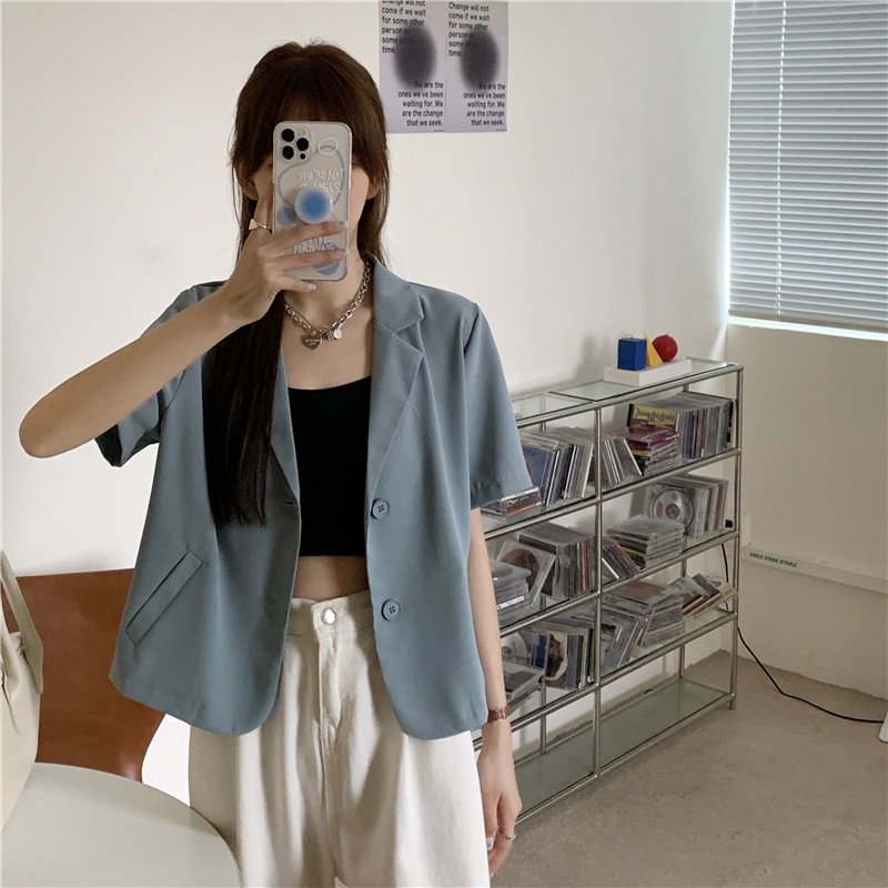 [chaoo.id]Blazer Wanita korean style Lengan Pendek Warna Polos Jaket Potongan Loose