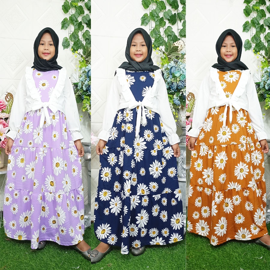 CARLINA – Gamis Anak Rompi Putih Ruffle Bunga Muslimah Kaaffah 3-13 tahun Dress Panjang Kids