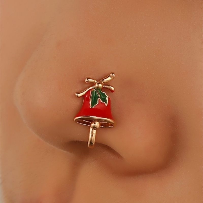 Cincin Tindik Hidung Bentuk U Desain Santa Claus Bell Bahan Tembaga Alloy Untuk Wanita