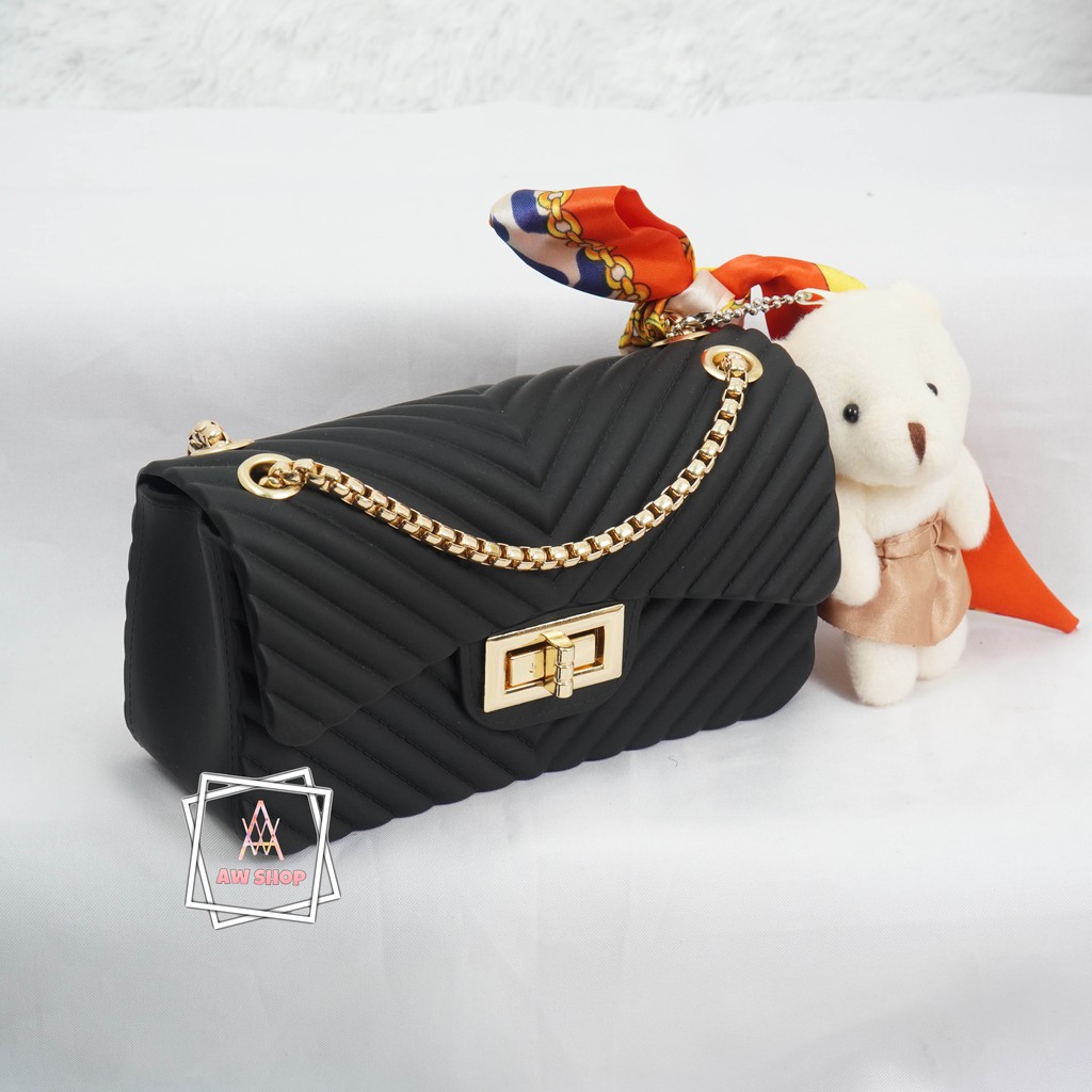 (Cod) Tas Wanita Jelly Matte Salur Size 18 Cm (Gratis Boneka &amp; Syal)