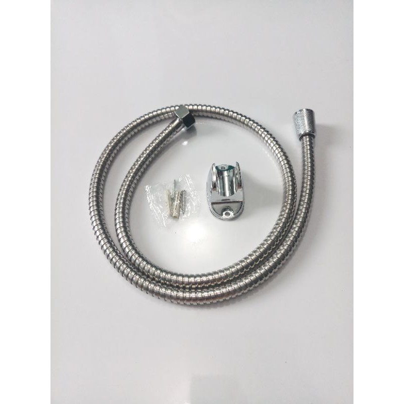 Hand Shower Stainless Bulat + Selang dan Hanger Kamar mandi