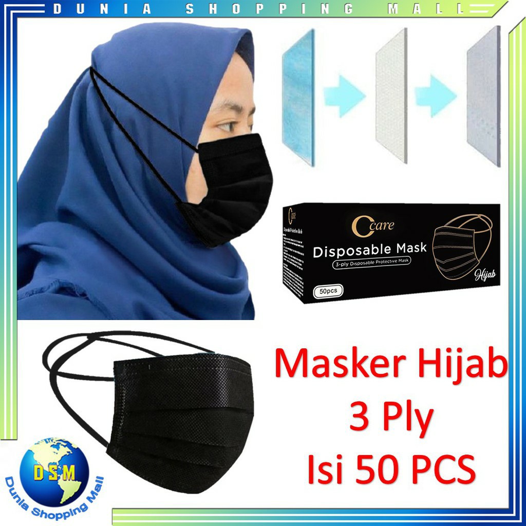 Masker 3ply hijab / headloop 1box 50pcs . harga tertera untuk 1box hitam