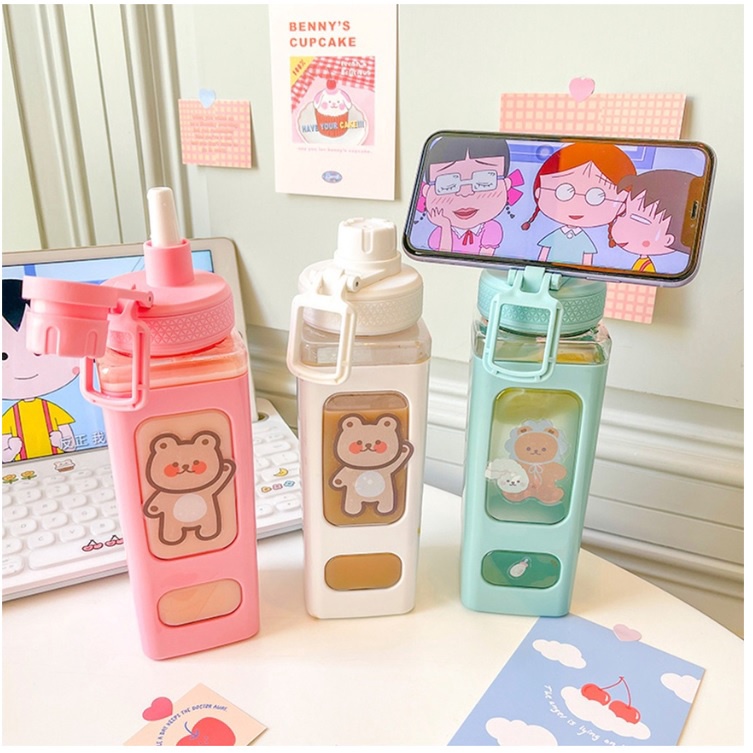New Botol Minum PLASTIK Comel 900ml Lucu BPA Free Korea Square Bear 1liter 1 liter 2liter 2 Water