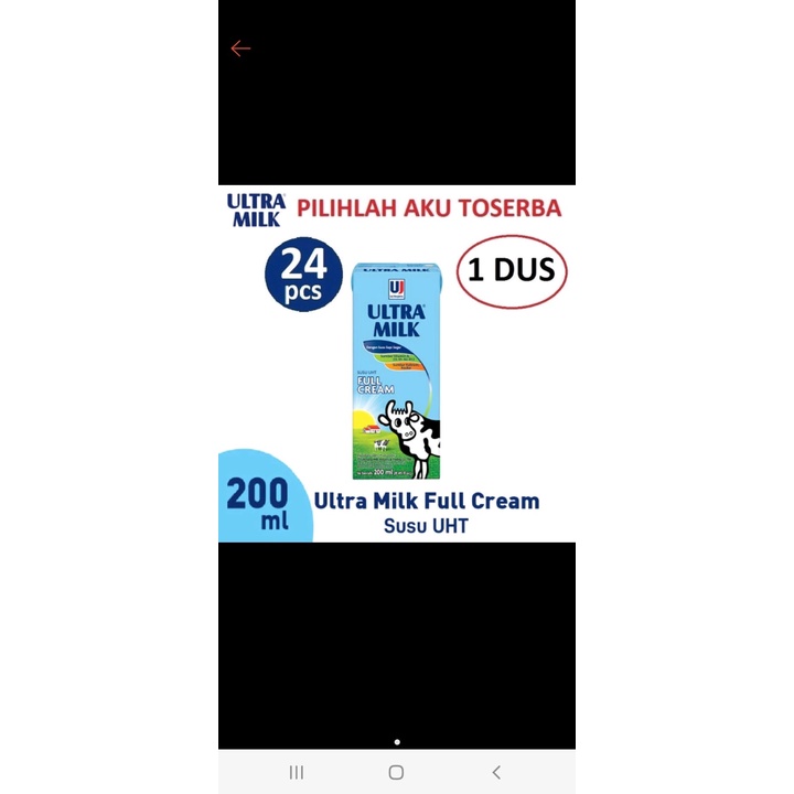 Susu UHT Ultra Milk 200 ml Cokelat, Strawberry, Full Cream 1 Dus (24 x 200 ml)