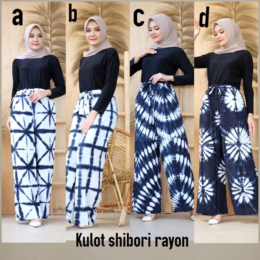 Kulot Rayon Shibori Hitam Batik Handmade Bawahan Celana Batik Jumputan Kulot Kerja Modern Muslim