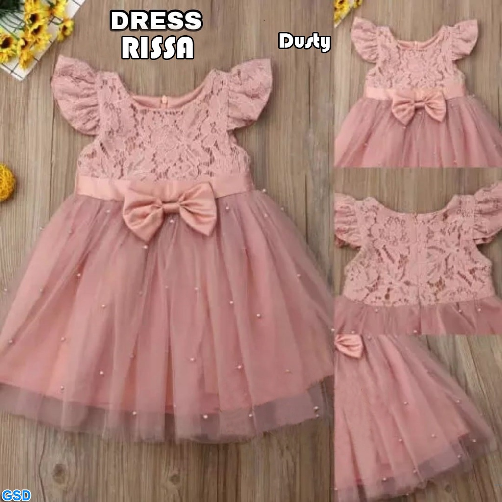 Dress Rissa Kids/Dress Girl/Baju Pesta Anak/Gaun Pita Elegant Motif Brukat/ Casual Mini Midi/Diskon Gaun Anak Princess Best Seller Sale!!!