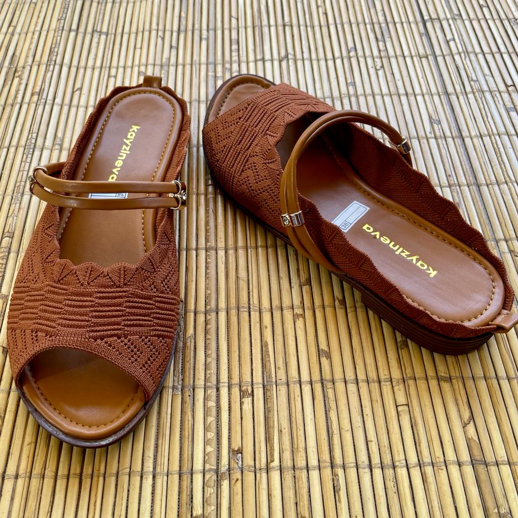 KAYZINEVA Sepatu Flat Wanita Ujung Terbuka Tali Tengah Rajut Premium AB08