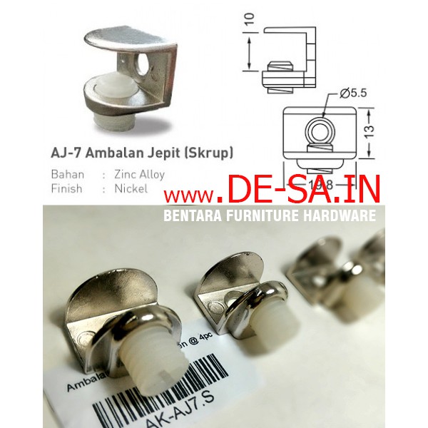 HUBEN AJ7 - AMBALAN JEPIT AMBALAN KACA ZINC ALLOY NICKEL SATIN - Glass Shelf Support Fitting MODEL SKRUP