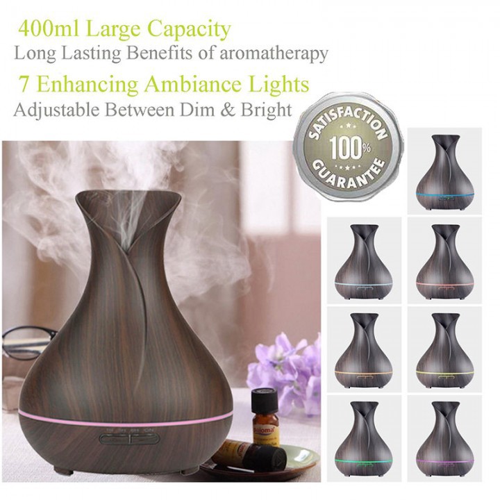 H12 - Wooden Tulip Vase Essential Oil Aroma Diffuser Ultrasonic Humidifier LED 7 Color - 400ml Luriz