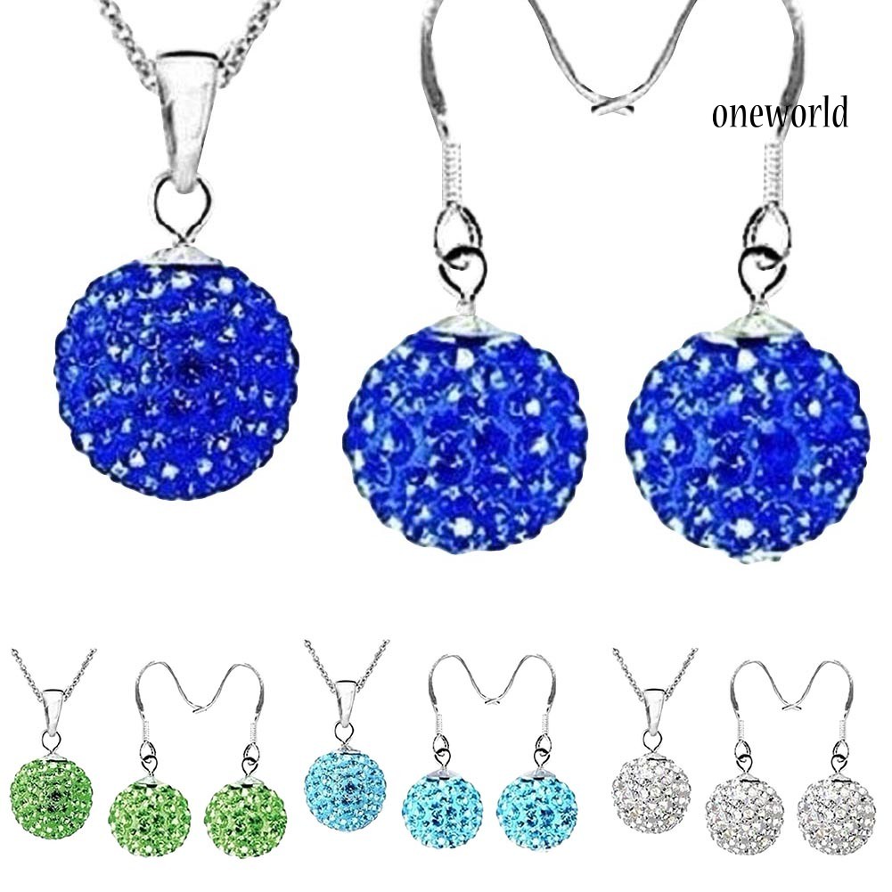 OW@ 2Pcs/Set Women Ball Shaped Charm Rhinestone Hook Earrings Necklace Jewelry Gift