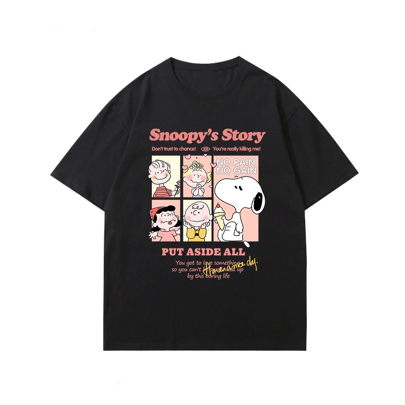 korean style lengan pendek oversize kaos wanita Snoppy's Story pattern printing T-shirt/kaos putih/hitam atasan wanita