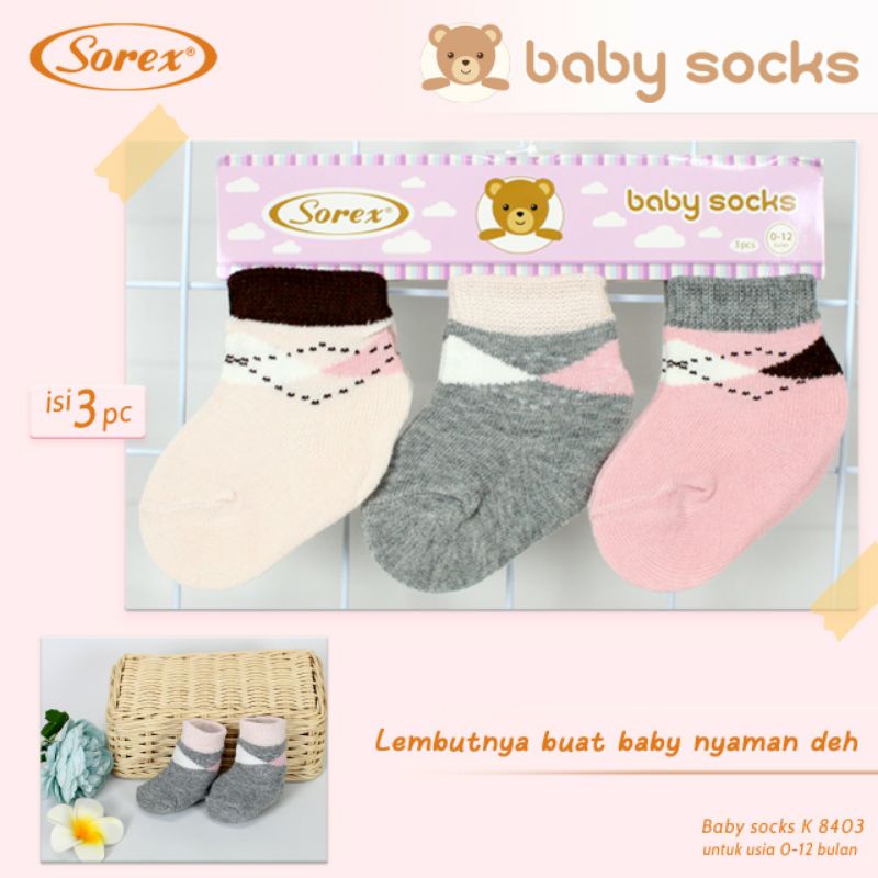 3 Pasang Kaos Kaki Bayi Sorex 0-12 Bulan Kaos Kaki Baby Newborn Shoes Lembut Sorex Baby Socks