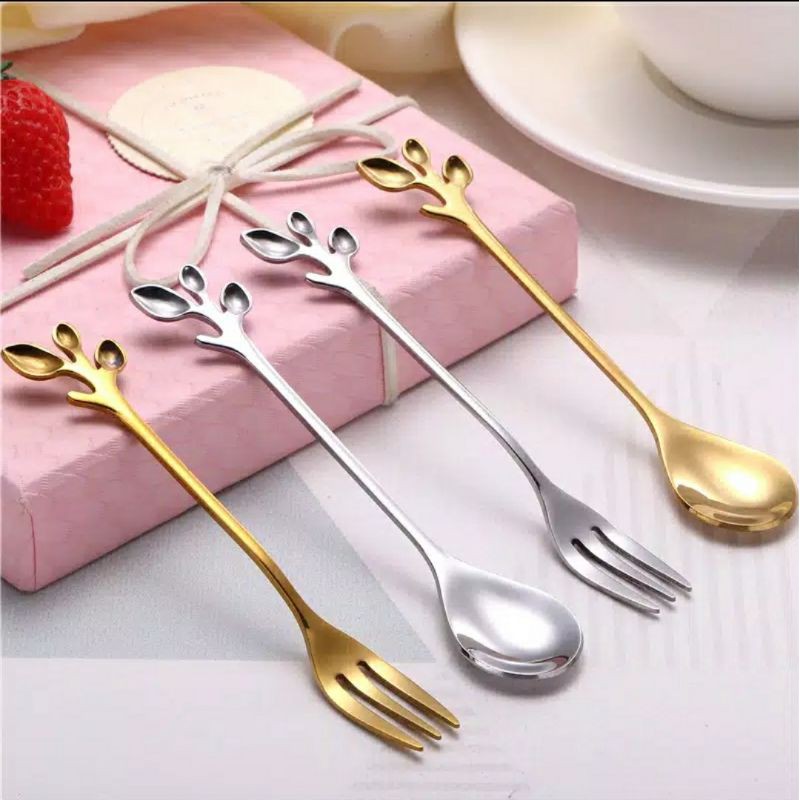 READY! Sendok Garpu Korea / Gold Silver Bentuk Daun / Tea Spoon Gold Daun / Sendok Dessert/ Souvenir