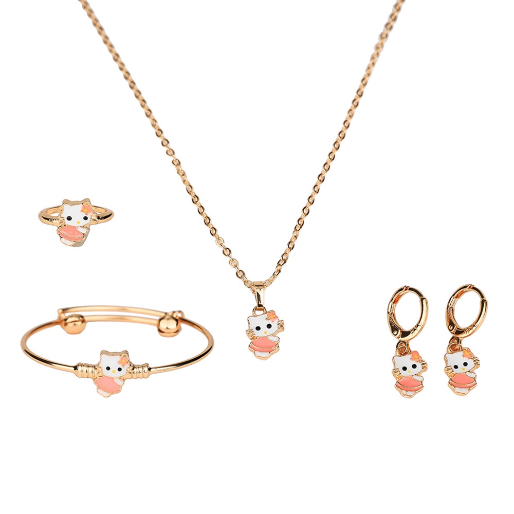 COD Set perhiasan anak pink hellokitty Kalung titanium lapis emas gelang cincin anting  asesoris wanita murah D433