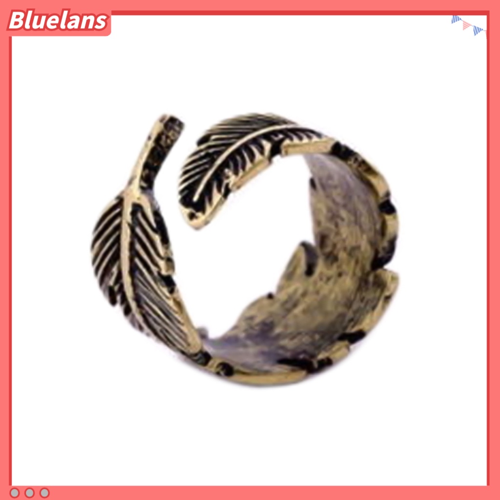 Bluelans Open Ring Etched Leaf Feather Adjustable Antique Bronze Unisex Opening Ring Jewelry