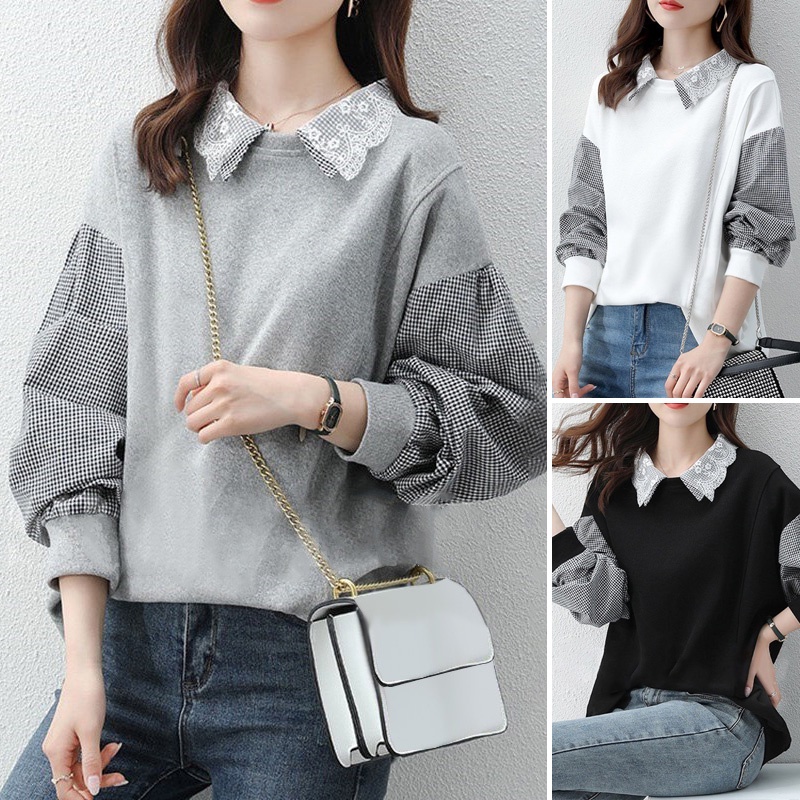 ZANZEA Women Puff Sleeved Plus Size Loose Sweatshirts Elegant Patchwork Blouse