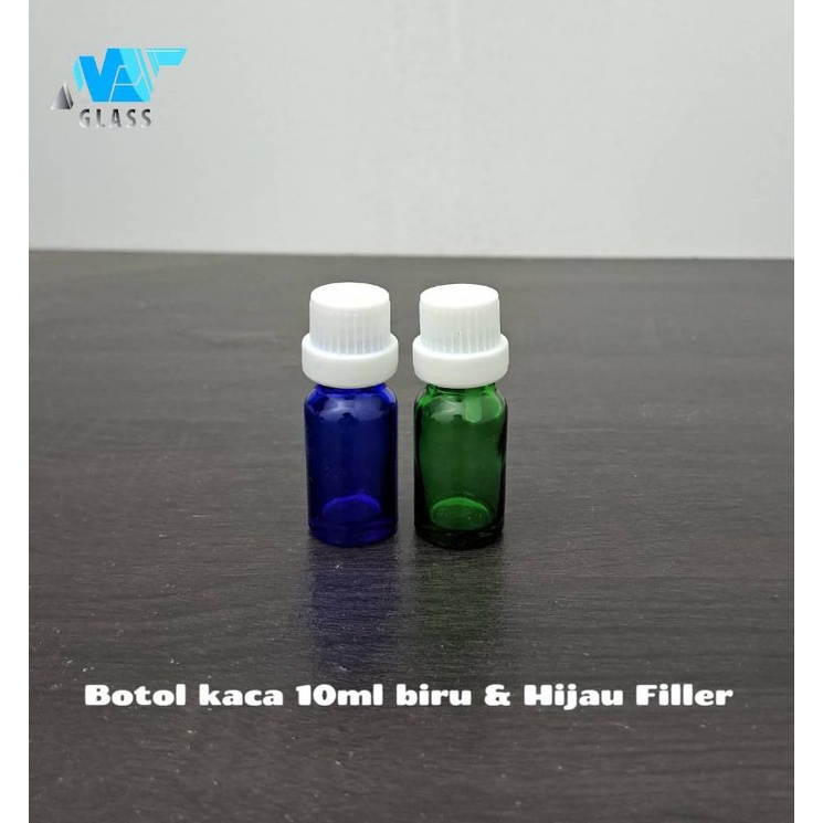 botol kaca 10ml hijau biru tutup filler putih / botol Essential oil 10ml