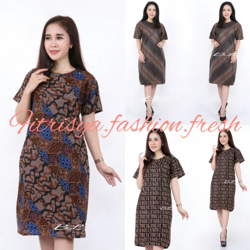 TUNIK DRESS BATIK WANITA JUMBO XXXXL / 4L LENGAN PENDEK MOTIF COKLAT KOMBINASI
