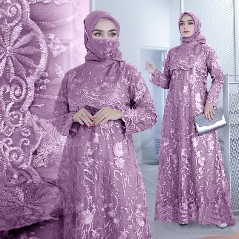 (NEW) SONATA - Baju Gamis Full Brukat Brokat Remaja Wanita Perempuan Ibu Muslim FREE PLUS Masker Uku