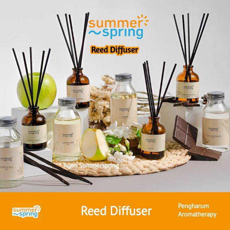 Reed Diffuser Summerspring | Pengharum Ruangan Aromaterapi | Vanilla Mist | Jasmine | Green Apple | Dark Chocolatte