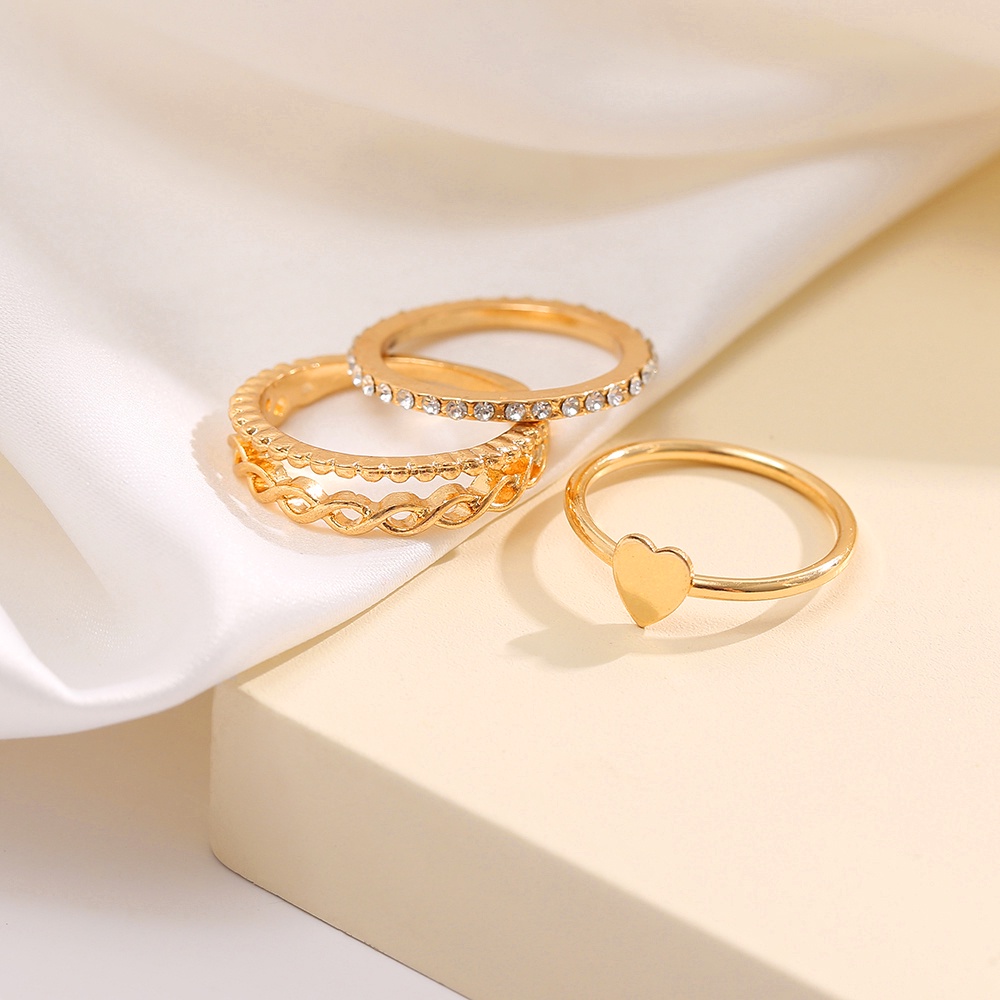 AY(CN) 3pcs / set Cincin Model Twist Hollow Hati Kristal Warna Emas Untuk Wanita