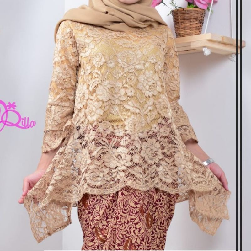 IndahKebaya | ATASAN KEBAYA BROKAT JUMBO LD 130CM / KEBAYA BROKAT MODERN BIG SIZE / KEBAYA BLOUSE JUMBO XXXL / BAJU PESTA MOCCA HITAM NAVY GOLD SILVER DUSTY MAROON