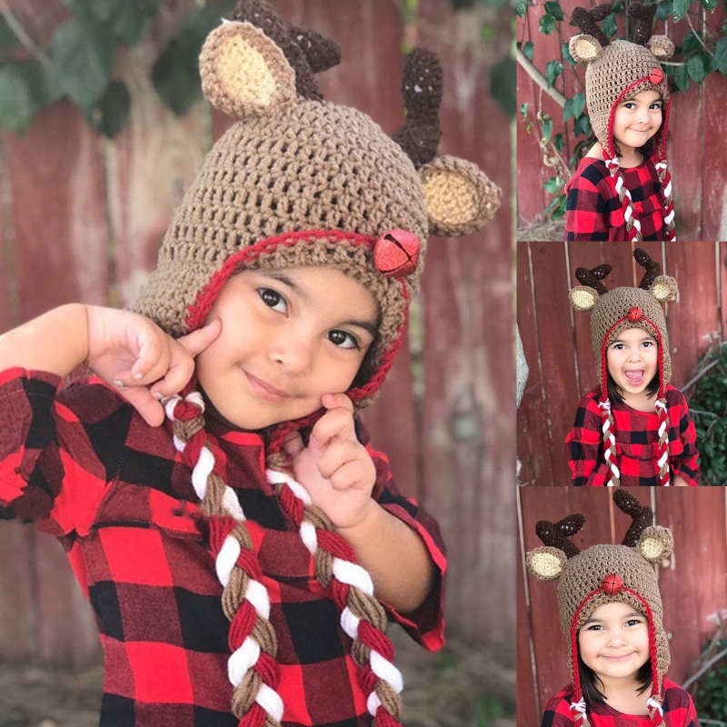 Zzz Topi Kupluk Rajut Anak Laki-Laki / Perempuan Desain Rusa Kartun Anti Angin Untuk Natal / Outdoor