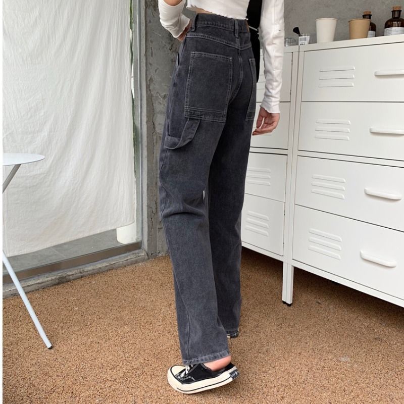 korean style new Abu-abu gelap longgar boyfriend celana jeans panjang wanita