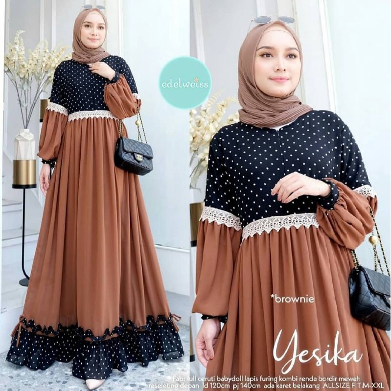 Dress Yesika Maxi Gamis Full Ceruti Babydol Lapis Furing Kombi Renda Bordir Mewah Adem Nyaman Dipakai