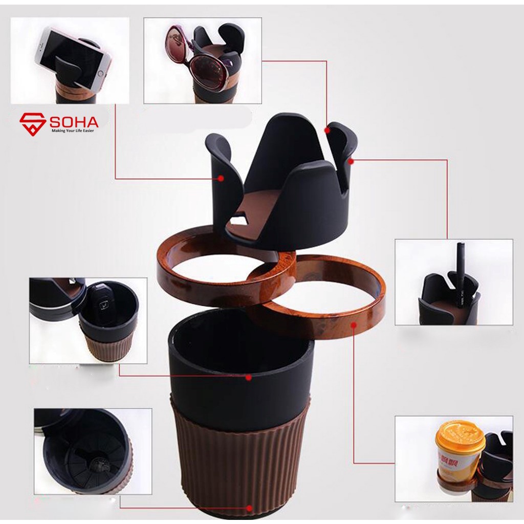 AM-40 Car Holder Botol Minum di Dudukan Cangkir Botol Minum Mobil Fitur 4 in 1 Drink Cup Bisa Jadi Phone Holder Kaca Mata Pulpen dan Bisa Muter 360 Organizer Mobil Interior