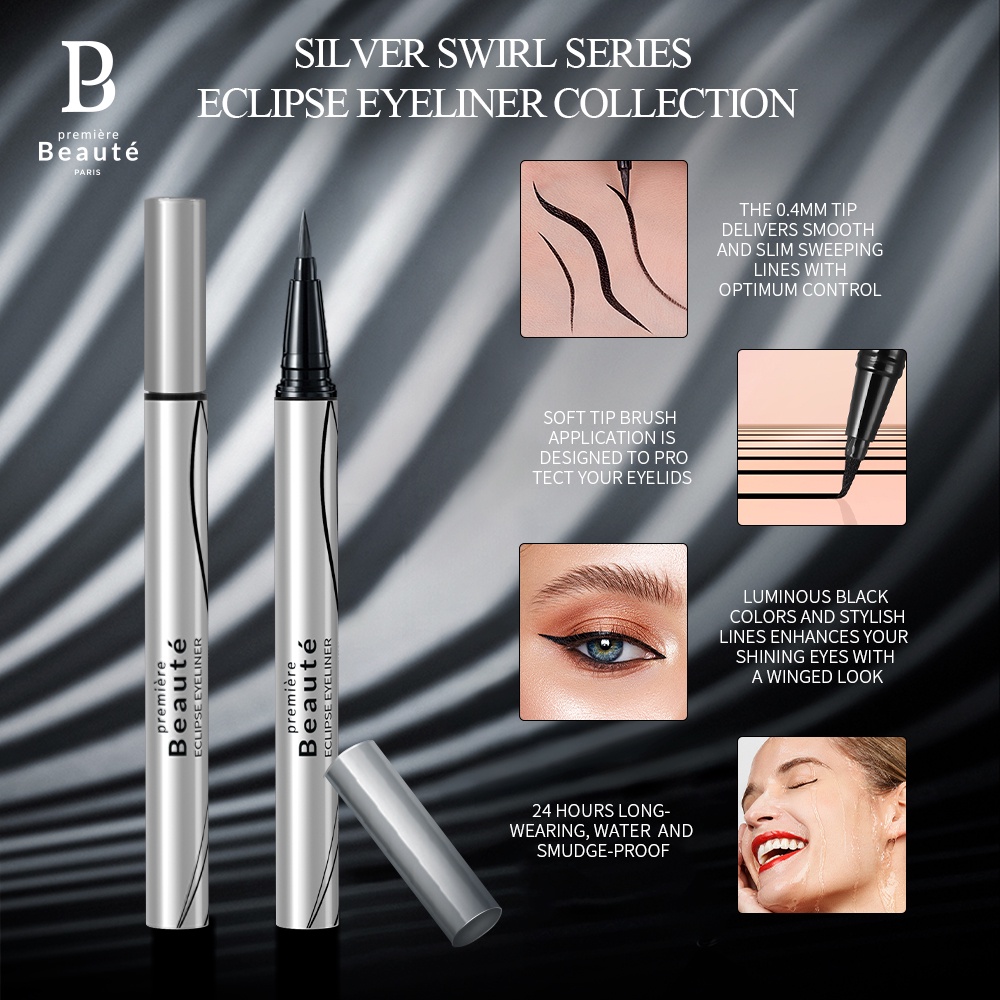[BPOM] Premiere Beaute Waterproof Eyeliner Tahan Hingga 24 Jam Soft Tip Brush Hitam eyeliner spidol Silver Swirl Series