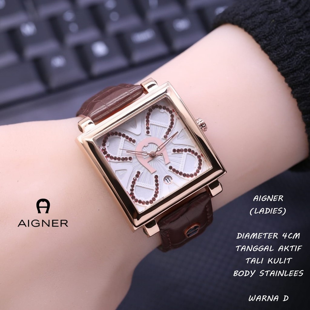 JAM TANGAN WANITA AIGNER TALI KULIT BODY STAINLEES SEGI TANGGAL AKTIF