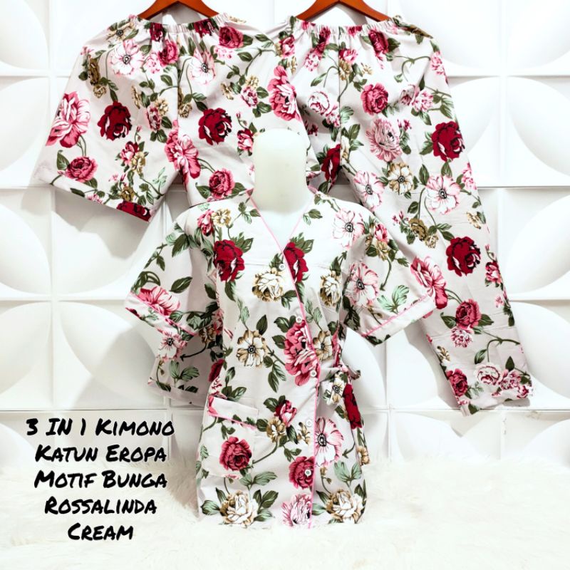 Piyama Kimono 3 in 1 dewasa motif Bunga sakura-Rossalinda Cream KMN
