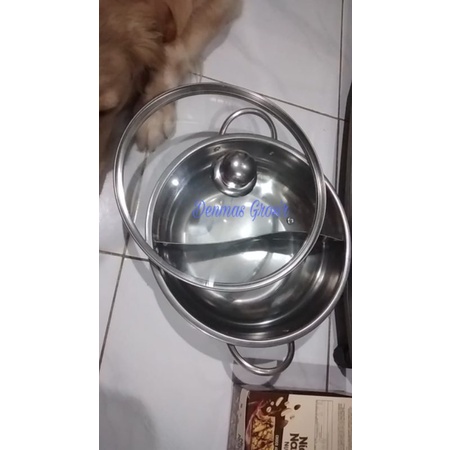 ( MURAH ) Panci Shabu 2 sekat / Panci stainless Tutup Kaca 28cm / Panci 2 sisi