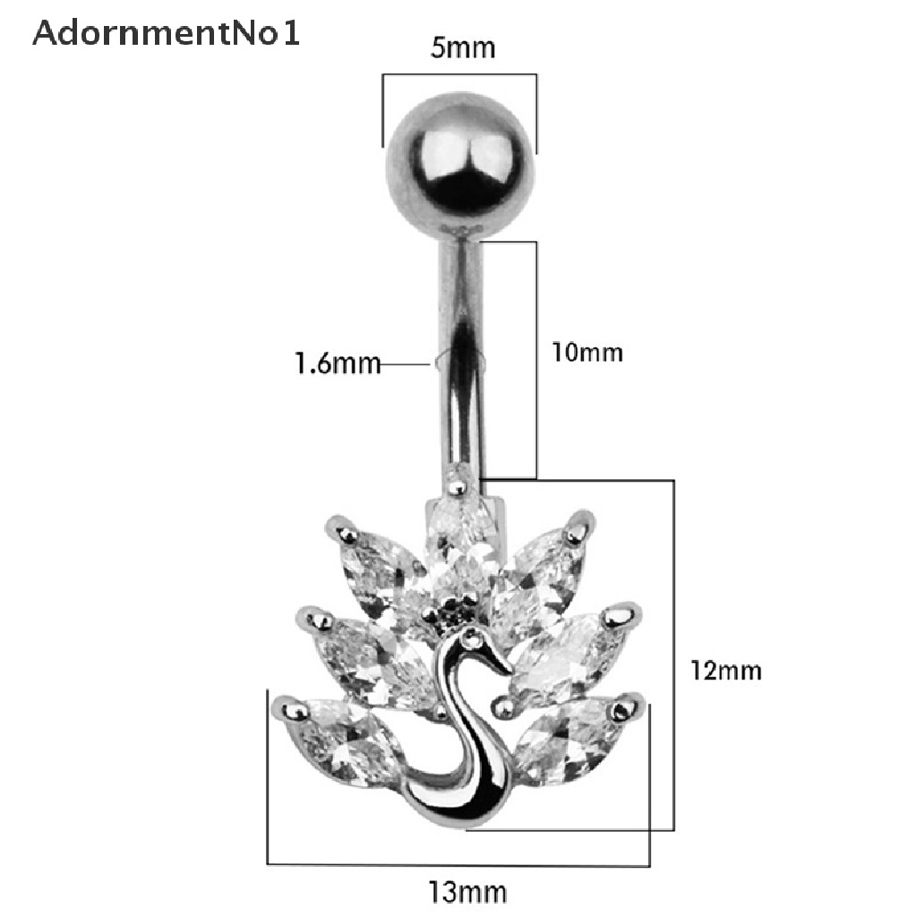 (AdornmentNo1) Cincin Tindik Pusar Bahan Stainless Steel Desain Merak Hias Zircon + Kristal Untuk Wanita