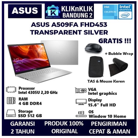 LAPTOP ASUS A509FA FHD453 INTEL 4305U 4GB 512GB 15.6" FHD SILVER | GREY