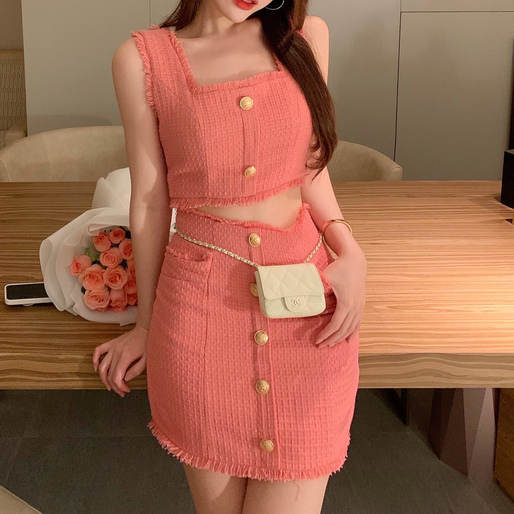 Suhao Musim Panas Baru Imperial Suster Xiao Fragrance Chic Set Perancis Retro Xiao Zhong Tea Break Balon Bunga String Dress