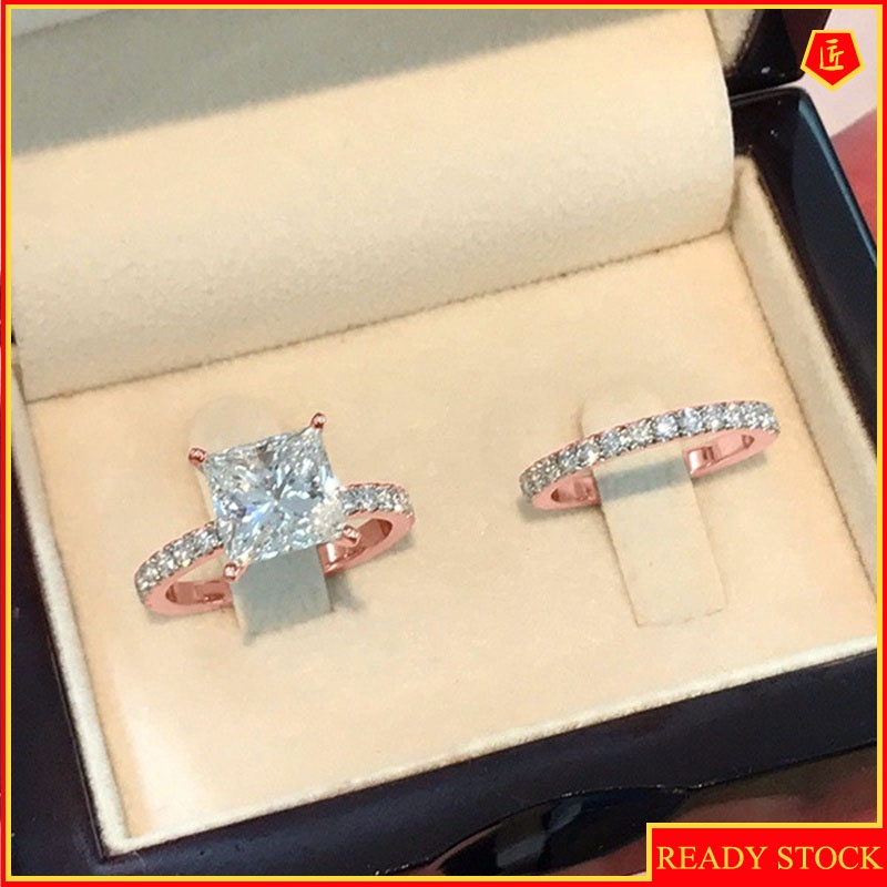 [Ready Stock]Square Diamond Ring Set 18K Gold Moissanite Simple Fashion