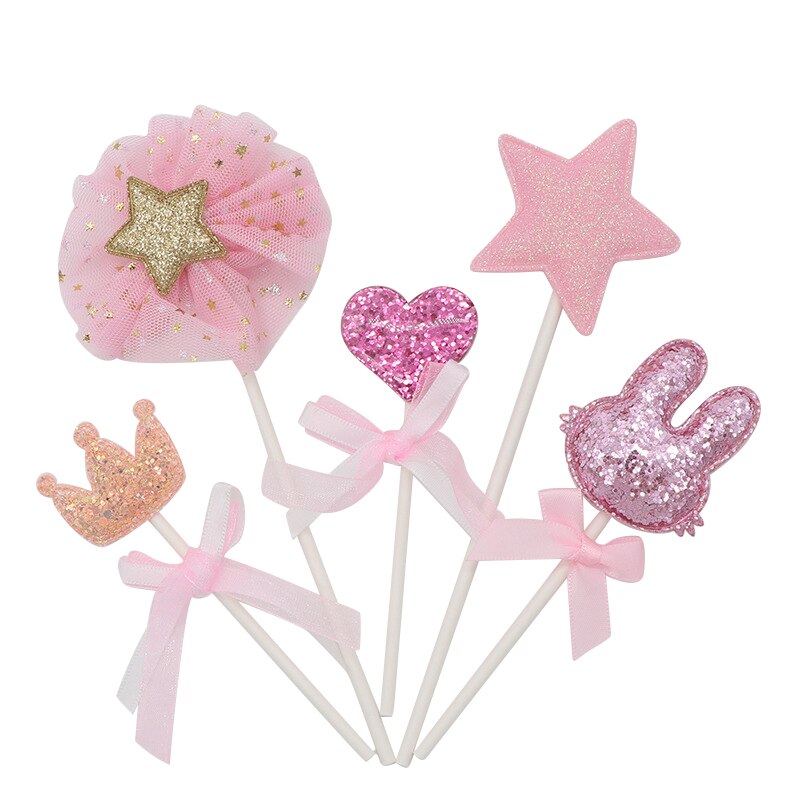 5pcs / Set Hiasan Topper Kue Dengan Bentuk Bintang / Hati / Mahkota Warna Pink Untuk Pesta